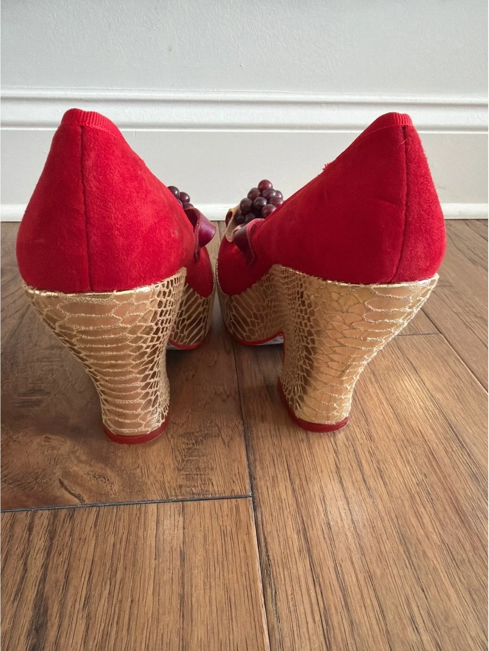 Irregular Choice Red Suede Wedge Heels with Grape and Strawberry Accent